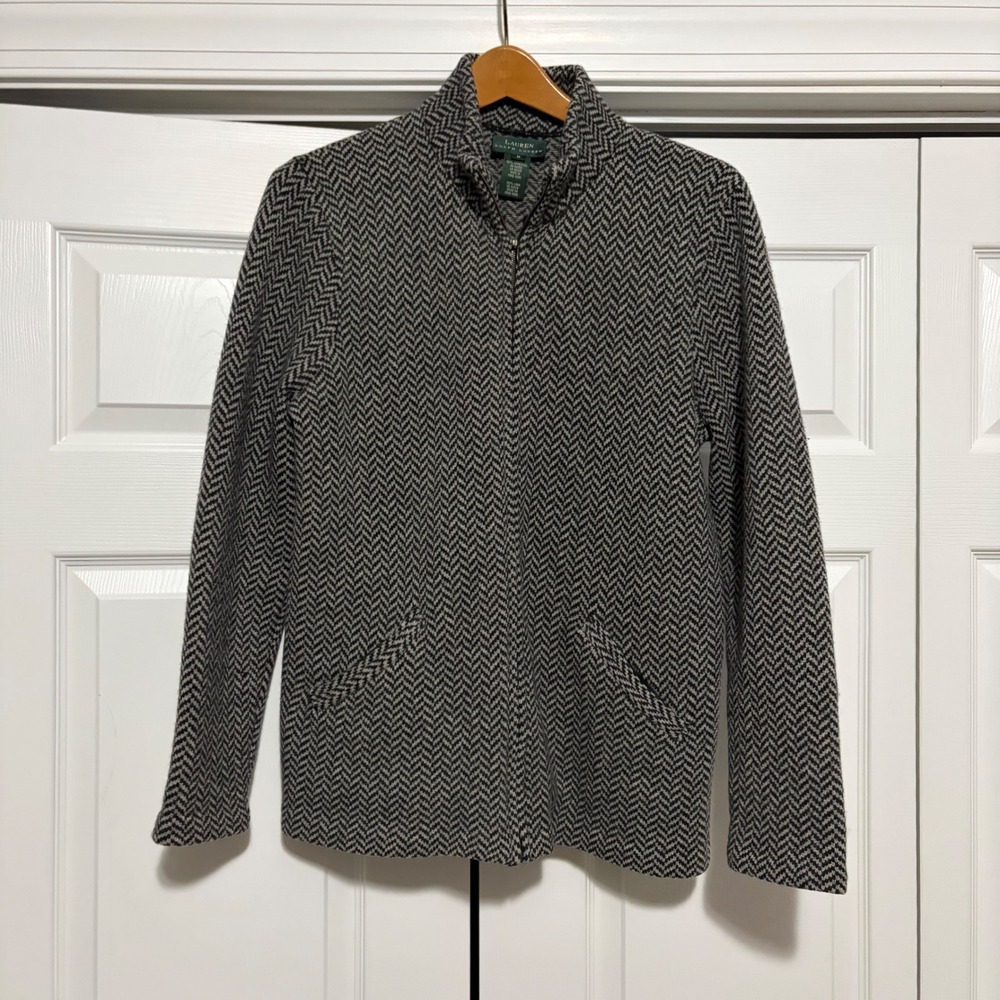 Lauren Ralph Lauren Zip Up Sweater Women M Black White Herringbone Fall Core